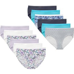 Hanes Brief Underwear, Stretch Cotton Panties for Girls, Assorted, 12-Pack (14, White, Purple, Blue, Grey, Floral Print, Dot Print, Tie-dye Print)