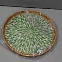 Aayoruro Round Rattan Tray with Mother of Pearl Inlay, Decorative Wicker Serving Tray with Wooden Base, Woven Basket Trays for Bread Fruits Coffee, Leaf