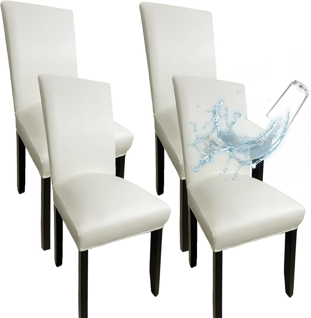 White Leather Chair Covers for Dining Chairs Set of 4, Faux Leather Dining Chair Covers Removable Wipeable Parson Chair Covers Leather, Stretch Waterproof Chair Seat Covers for Dining Chairs