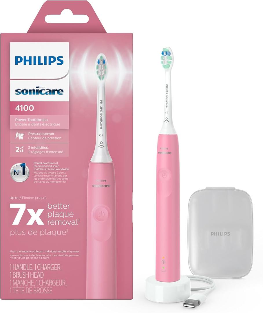Philips Sonicare 4100 Rechargeable Electric Toothbrush, Advanced Plaque Removal, Pressure Sensor, Includes Brush Head Case, Deep Pink BD5004AZ