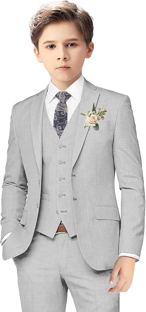 Boys Linen Suits for Kids Summer Slim Fit 3 Piece Beach Wedding Outfit Light Weight Tuxedo Linen Suit Set (14, Gray)