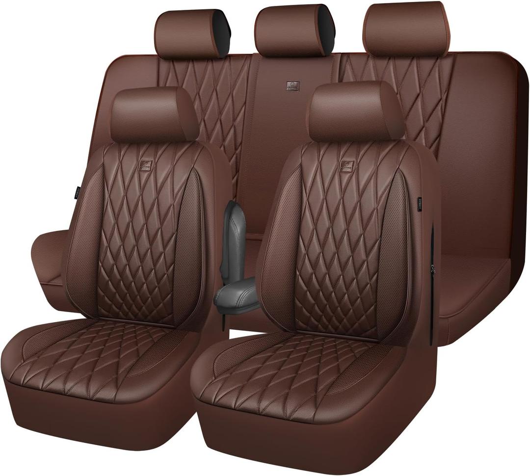 CAR PASS Piping Luxury Faux Leather Seat Covers Full Set, 5 Seats Anti-Slip Waterproof Seat Covers Compatible with Front Armrests, Universal Fit for Suvs,Vans,Trucks,Airbag Compatible, Pure Brown