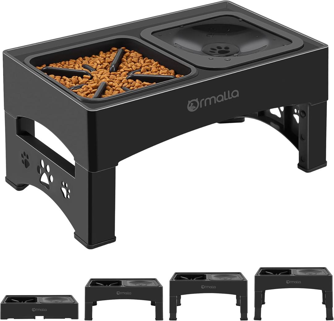 Elevated Slow Feeder Dog Bowls, Adjustable Raised Dog Bowl with No-Spill Water Bowl, Non-Slip Stand for Large, Medium, Small Dogs - 4 Heights: 3.7", 8.5", 10.1", 11.7" - Black