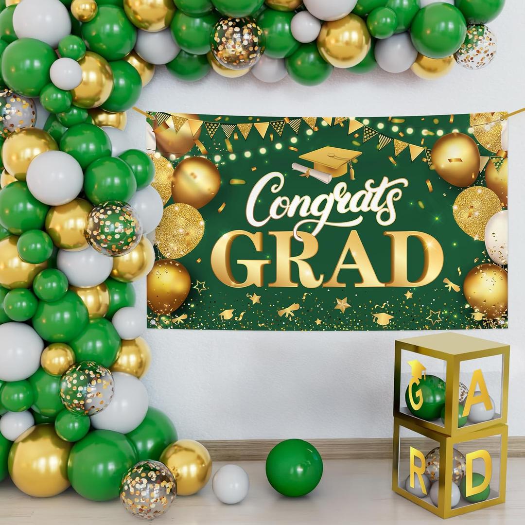 KatchOn, Green and Gold Graduation Decorations Class of 2025 - Huge, Pack of 76 | Congrats Grad Banner and Grad Balloon Boxes | 2025 Grad Balloons for 2025 Graduation Party Decorations