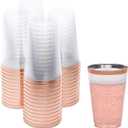 50 Pack Disposable Plastic Cups by Prestee - 14 oz Rose Gold Rimmed Plastic Wine Glasses - Heavy Duty, Pink Rim Cup - Disposable Party Cups and Fancy Wedding Tumbler - Elegant Decoration Cup for Party