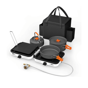 Hisencn Camping Stove,2 Burner Propane Stove,20000 BTU/h Camping Cooking set Includes Frying Pan,Kettle and Pot,Adjustable Burners & Piezo Ignition,Portable stove for camping Outdoor, White