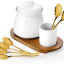 Nucookery Porcelain Sugar Bowl with Lid and Spoons, 14 oz. Large Sugar Container for Coffee Bar, Deluxe Sugar Bowl Set with Stainless Steel Spoons (White, Golden Spoon)