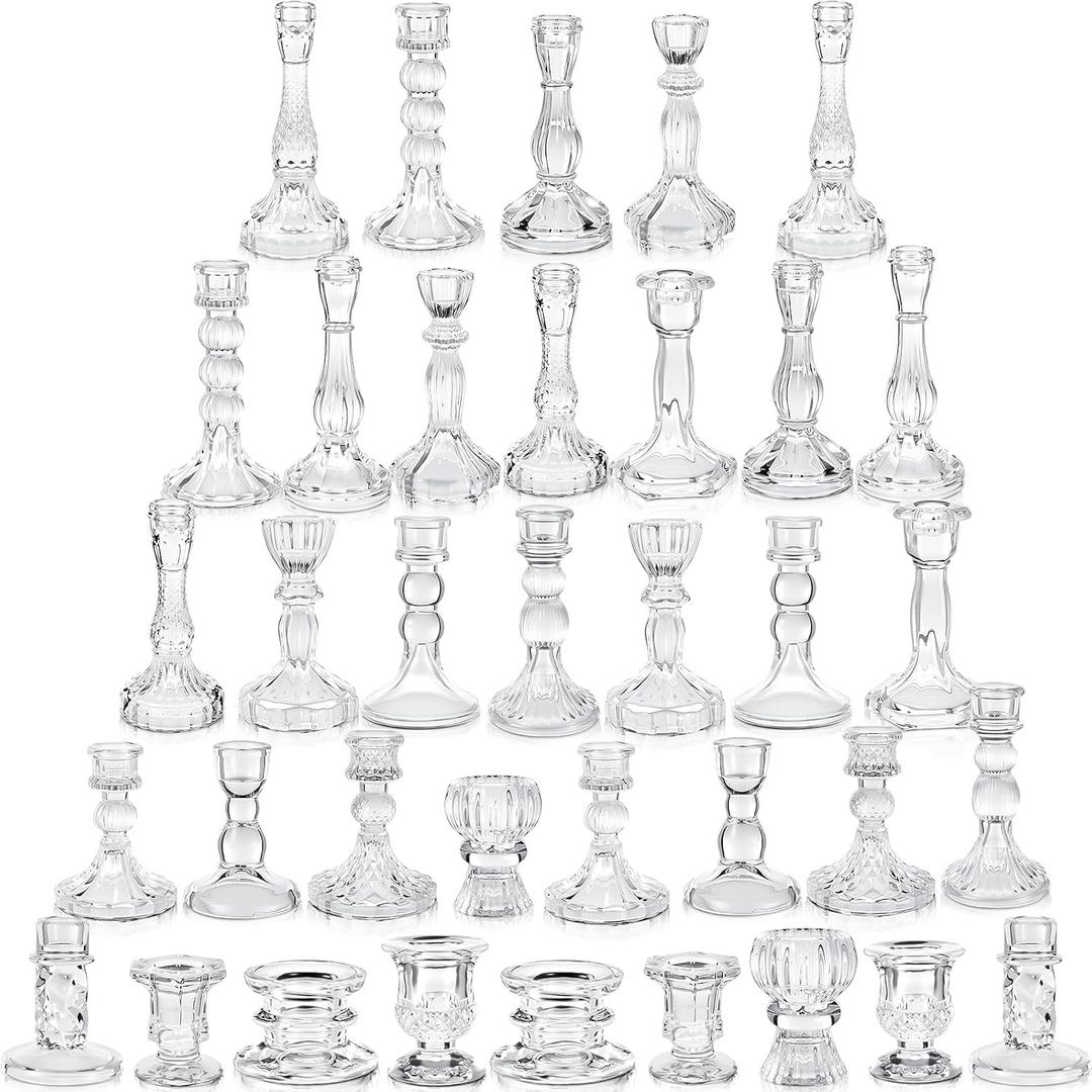 Mumufy 36 Pcs Glass Crystal Taper Candle Holders Clear Glass Candlestick Holder Fit 0.8 Inch Candles Crystal Decorative Candlestick Stand Centerpiece for Table Wedding Dining Party