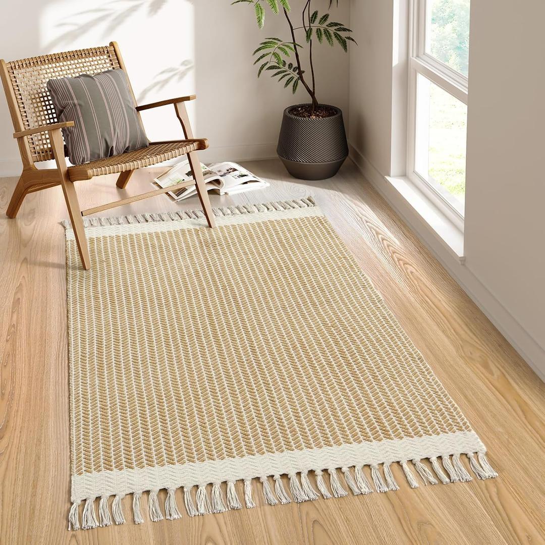 Lahome Boho Rugs for Bedroom, 3x5 Bathroom Rug Lightweight Farmhouse Woven Area Rug with Tassels, Throw Rugs Washable Kitchen Rug Non Shedding Indoor Door Mats for Entryway Living Room, Khaki