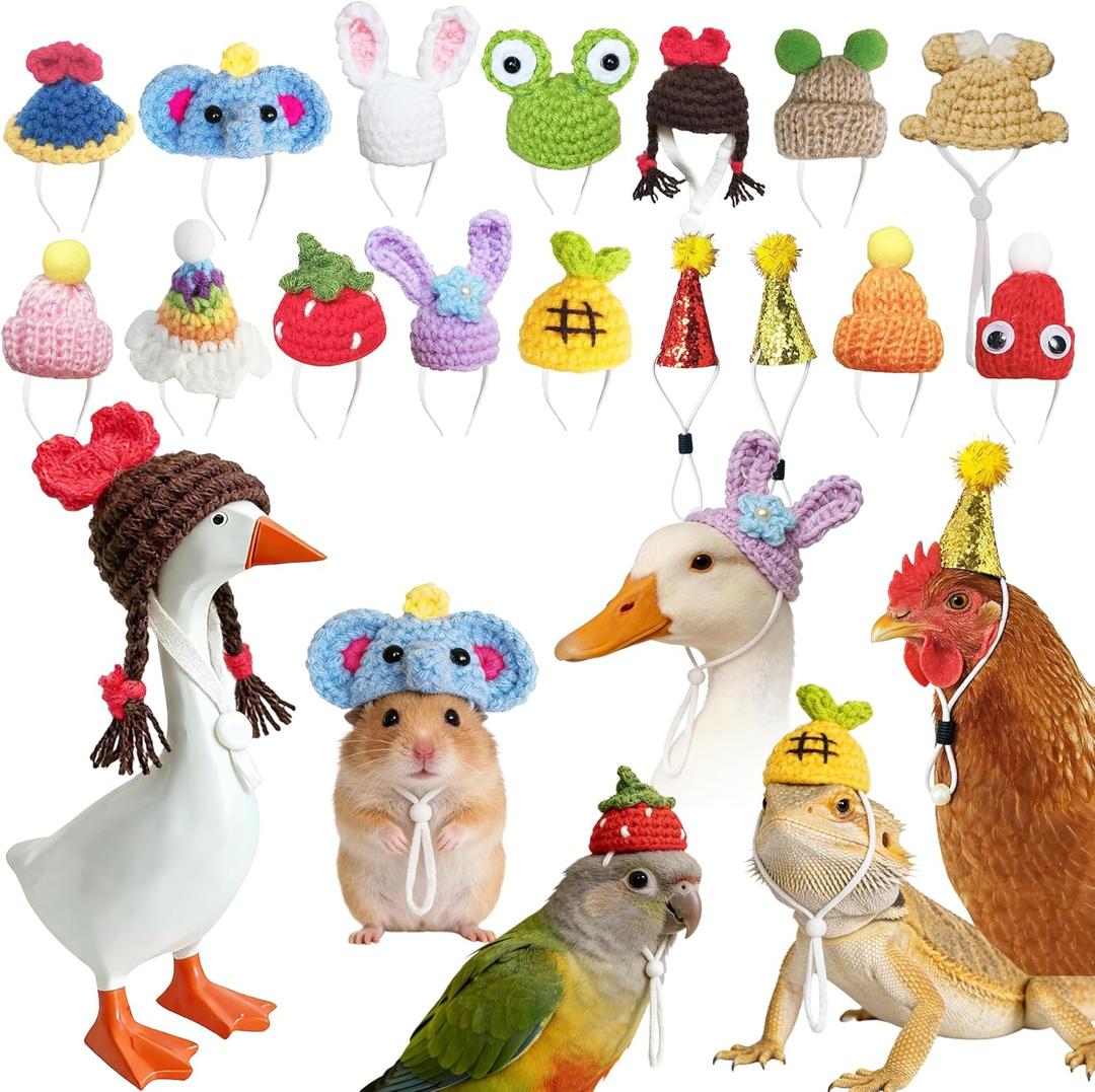 16 Pcs Hamster Hats Adjustable Mini Hat, Hand Knitted Chicken Hats, Small Animals Cap for Real Hamsters, Lizard Dragon, Bird, Ferret, Doll, Chicken, Desk Goose Outfits, Party Costume Accessories