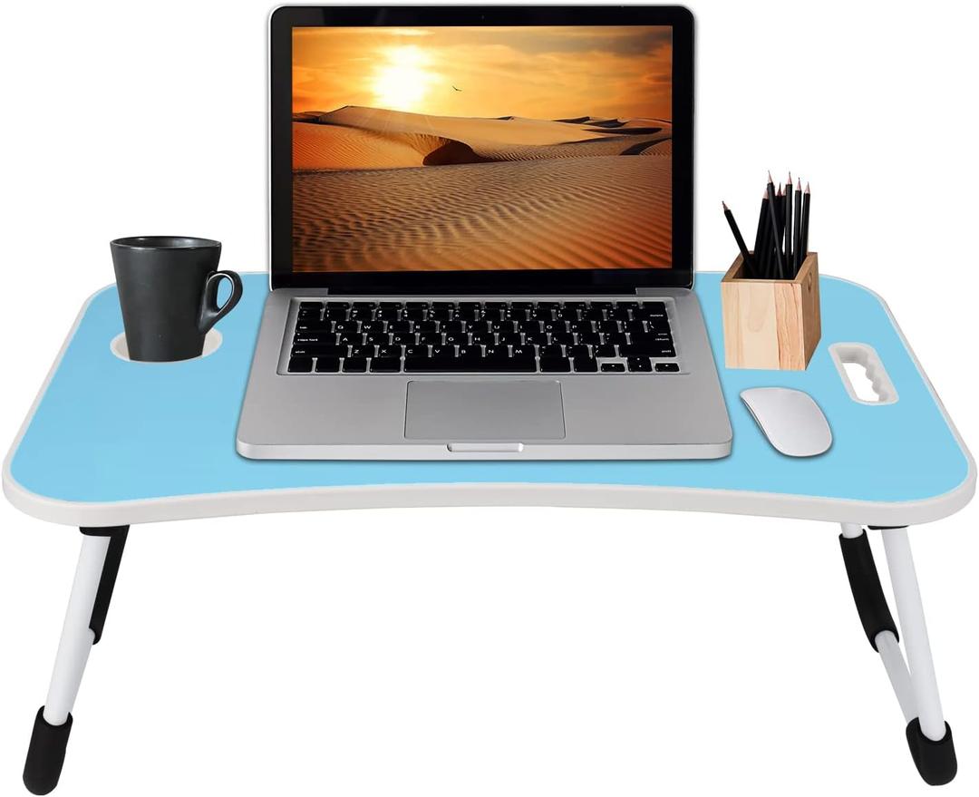 MAVOCRAFT Foldable Lap Desk Wood - Sofa & Bed Table for Laptop - 23 x 15 Folding Lap Desk - Suitable Tablet and Laptop Bed Desk  Include iPad Slot and Cup Holder (Blue)