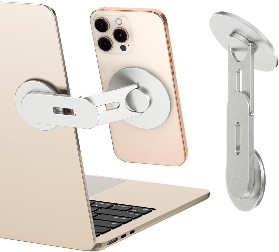 CloudValley Magnetic Laptop Phone Holder, 360 Rotating Mount Compatible with iPhone MagSafe and All Phones, MacBook, PC Monitor, Screen Stand for Tesla, Portable Accessory, Silver