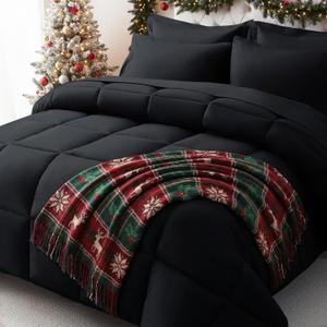 JOLLYVOGUE Queen Comforter Set, Ultra-Soft Bed in a Bag Queen Size 7 Pieces, Oeko-TEX Certified Bedding Set with Down Alternative Comforter, Sheets, Pillowcases & Shams, Black