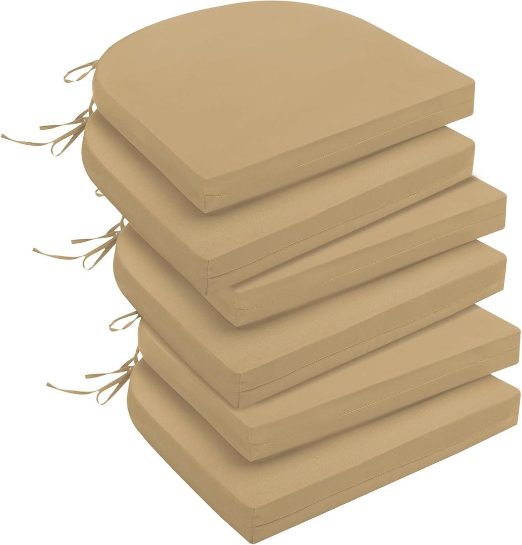 downluxe Outdoor Chair Cushions Set of 6 for Patio Furniture, Water-Resistant Patio Chair Cushions with Ties, High Density Foam Outdoor Seat Cushion, 17" X 16" X 2", Khaki