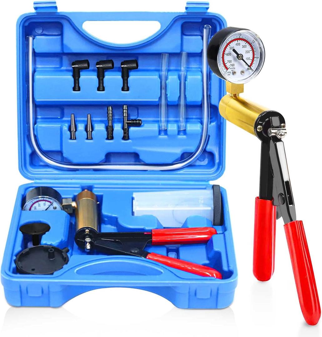 Hand Held Vacuum Pump Tester Kit with Adapter and Case is Suitable for Automotive Vacuum Gauge and Brake Exhaust Kit (Blue)