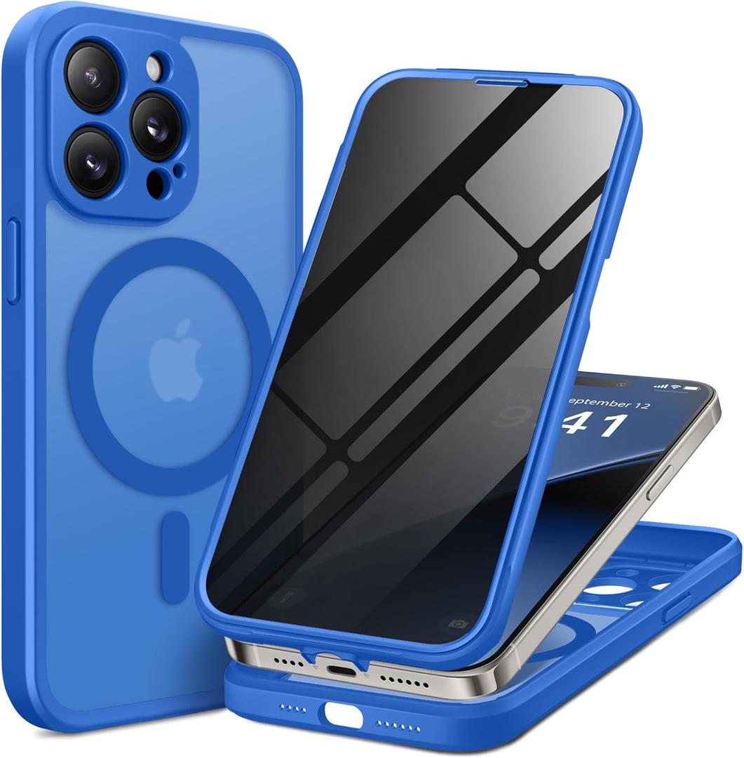 BERFY for iPhone 14 Pro Max Case, Compatible with MagSafe, Built-in Privacy Screen Protector and Camera Protection, Anti-Spy Full Body Shockproof Matte Phone Case for 14 Pro Max 6.7", Klein Blue