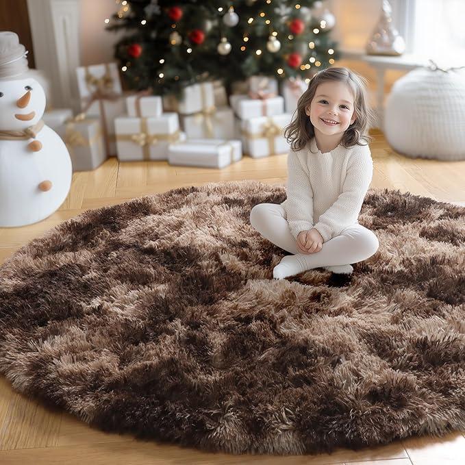 Amdrebio TieDyed Brown Round Circle Rugs 4Ft for Bedroom, Fluffy Shag Plush Area Rugs for Kids Room, Living Room Decor Aesthetic, Fuzzy Fur Throw Floor Carpet for Playroom Preppy Dorm Baby Nursery