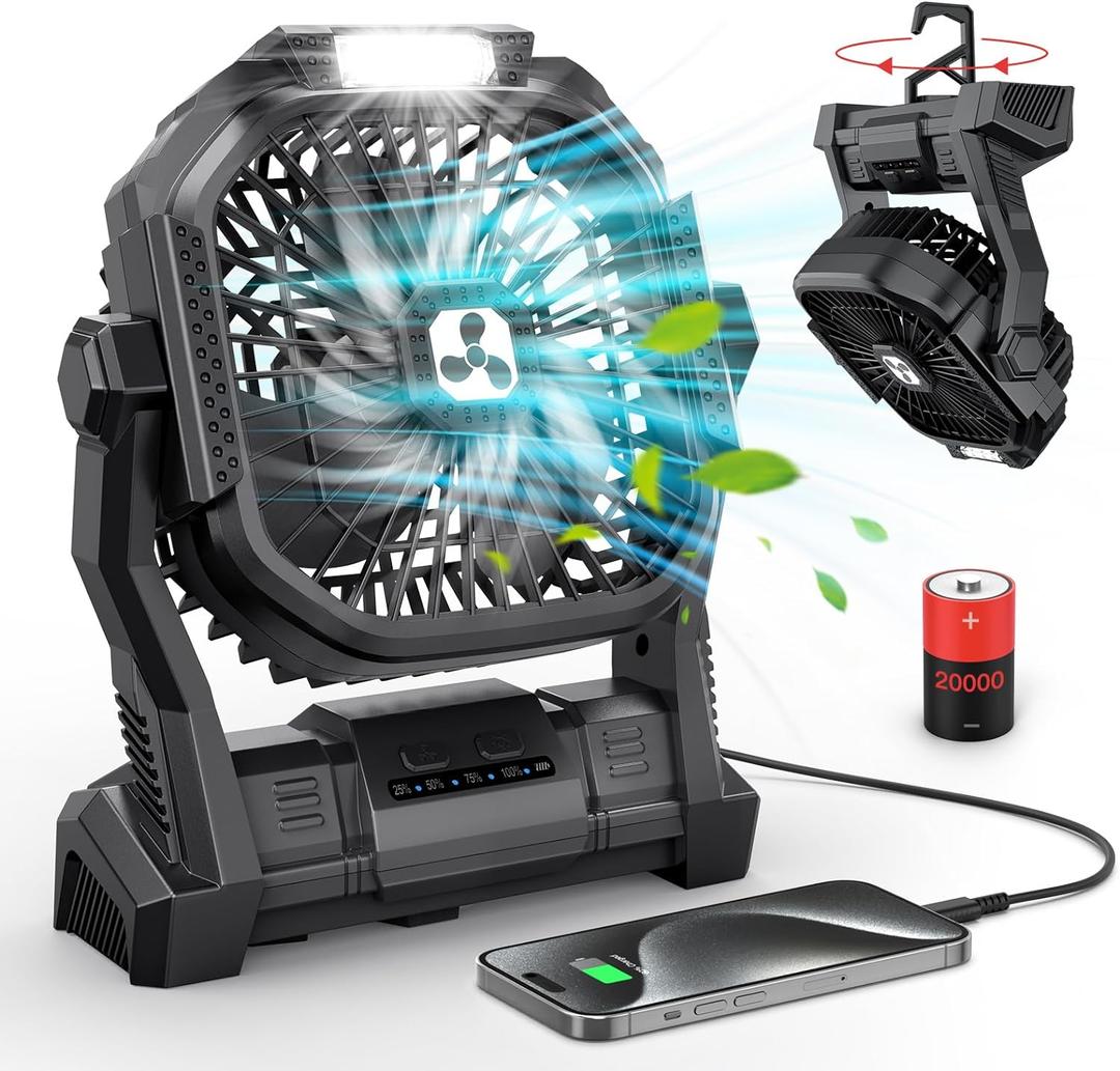 ONLYNEW Portable Fan Rechargeable, 20000mAh Cordless Battery Powered Fan with LED Lantern, USB C Battery Operated for Travel Bedroom Home Camping Tent Office Beach Desk Fishing Table