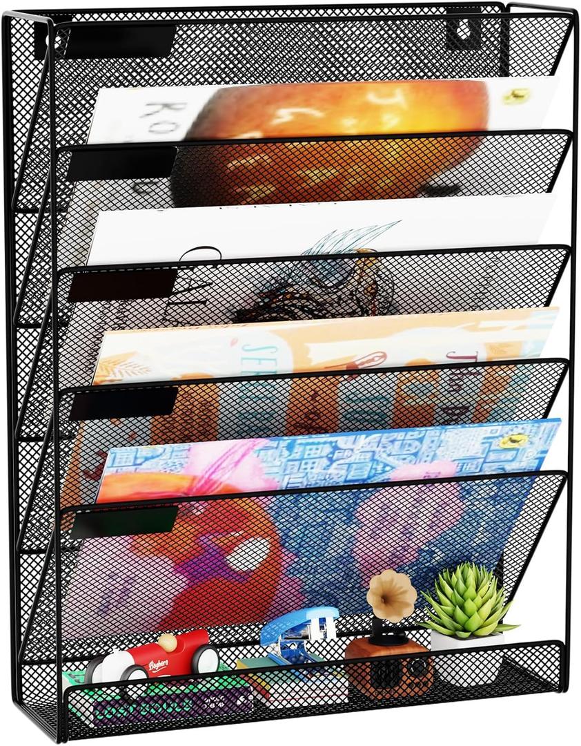 Wall File Organizer Holder Mesh Hanging Paper Document Holder,Vertical 6 Pocket Tier for Office Home, Black