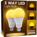 3 Way Light Bulbs 30 70 100W Equivalent, A19 Three Way LED Amber Light Bulbs 2000K, E26 Medium Base, Three Settings for Desk Touch Lamps, Floor Lamps, 2 Pack