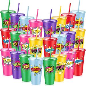 Chuangdi 24 Pcs Hero Cups 24 oz Reusable Plastic Tumblers with Lids and Straws Themed Drinking Cups for Birthday Decorations Hero Party Favors Supplies Gifts