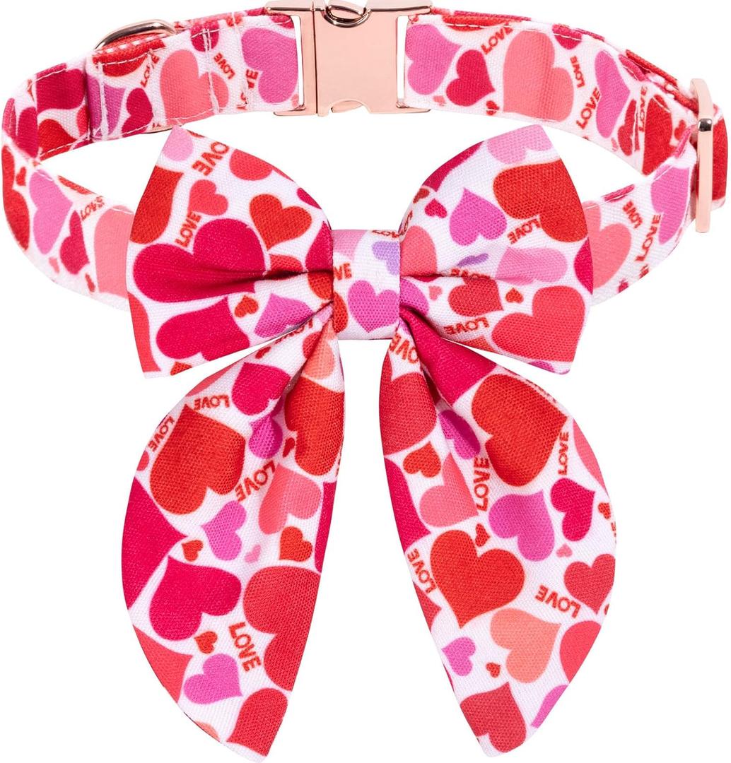 Valentine's Day Dog Collar with Bow Red and Pink Heart Printed Adjustable for Large Dogs, Durable Metal Buckle