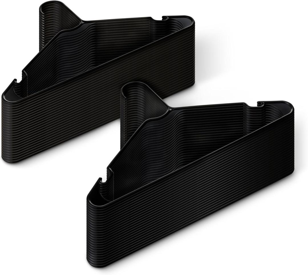 Amazon Basics Space Saving Plastic Clothes Hangers, Sturdy Closet Organizer for Shirts and Jackets, Adult Size, Black, 50-Pack