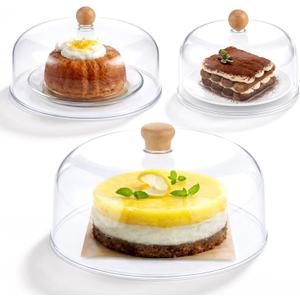 Novabright 3 Pcs Clear Cake Cloche Cake Dome Cover, 7" 9" 11" Plastic Acrylic Cakes Stand Cover with Wood Handle, Round Transparent Cloche Dome Lid for Cupcake Stand Plates Display Serving Platter