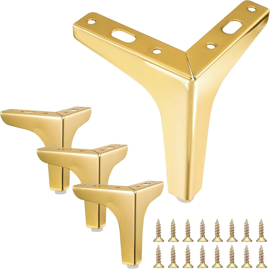 Mornajina 4PCS 4 Inch Gold Metal Furniture Legs Feets, Heavy Duty Triangle Table Chair Cabinet Sofa Couch Legs, DIY Replacement Sofa Feet Metal Legs for Furniture