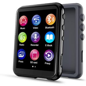 64GB MP3 Player with Bluetooth 5.3, QNGEE 2.4 inch Full Touchscreen Music MP3 for Kids, FM Radio, Voice Recorder, HiFi Sound, E-Book, Earphones Included