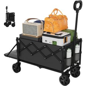 Foldable Wagons Carts, Lightweight Collapsible Portable Utility Shopping Cart with Wheels & Tailgate, Folding Grocery Wagon Cart for Grocery, Camping, Shopping, Beach, Garden, Sports Black, 38"D x 15.7"W x 36.6"H