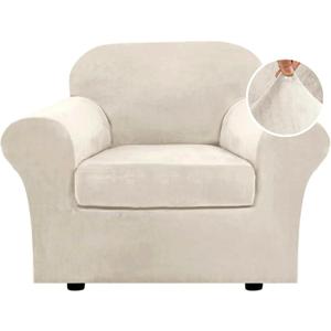 H.VERSAILTEX Rich Velvet Stretch 2 Piece Cover Chair Slipcover Sofa Cover Furniture Protector Couch Soft with Elastic Bottom Chair Couch Cover with Arms Width Up to 49 Inch(Chair, Ivory)