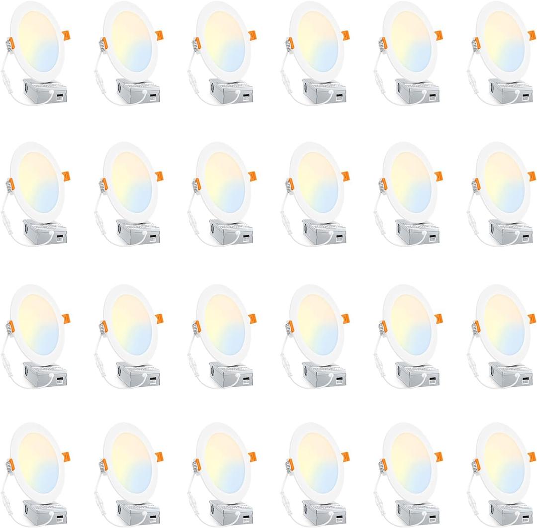 BesLowe 24 Packs 6 Inch 5CCT LED Recessed Ceiling Lights Ultra-Thin with Junction Box, 12W 150W Eqv, 3000K/3500K/4000K/5000K/6500K, 1200LM Dimmable Canless Downlights for Kitchen Hallway Dining Room