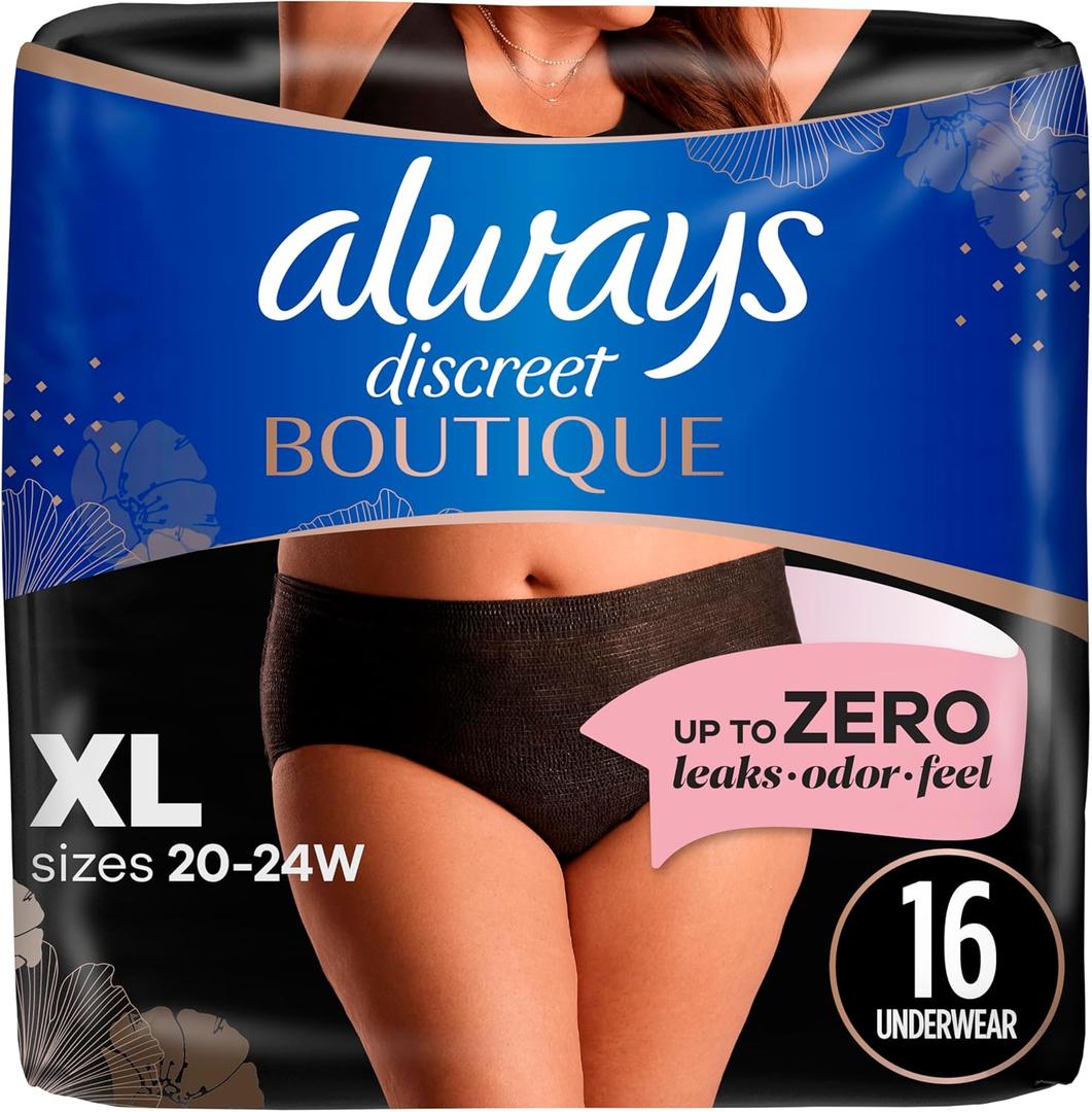 Always Discreet Boutique Incontinence and Postpartum Underwear for Women, Maximum Protection, XL, Black, 16 Count