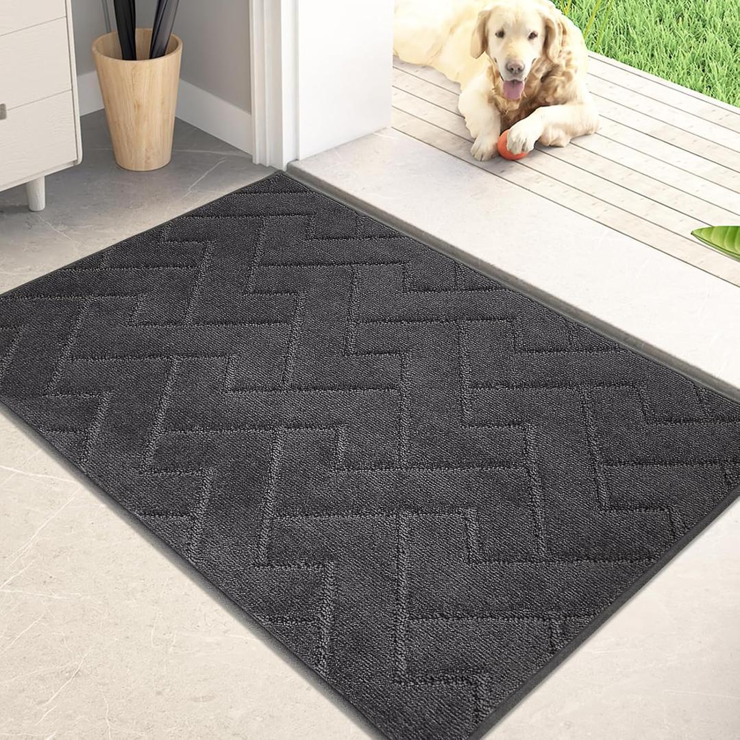 PURRUGS Dirt Trapper Door Mat 24" x 35.5", Non-Slip Machine Washable Entry Rug, Shoe Scraper, Dog Doormat, Super Absorbent Welcome Mat for Front & Back Door, Muddy Wet Shoes & Paws, Charcoal
