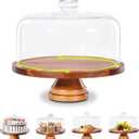 Yangbaga Glass Cake Stand with Lid,11in Wooden Rotating Cake Stand with Dome Cover, Cake Plate Display Server Tray for Birthday Kitchen Party