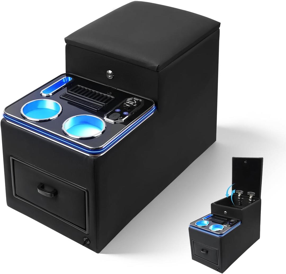 Center Console Between Seats for Minivans, Featuring Cup Holders, Coin Compartment, and Card Slot Center Console for Trucks, Minivans, and SUVs Front Seat Bench Center with Locking (Update)