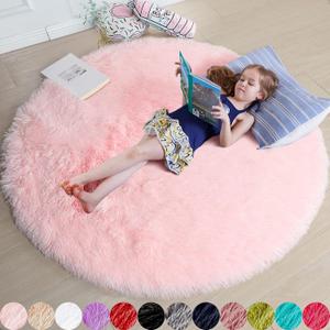 Amdrebio Light Pink Round Circle Rug 4Ft for Girls Bedroom, Fluffy Cute Area Rugs for Kids Room Decor Aesthetic, Kawaii Shag Fuzzy Fur Carpet for Nursery, Preppy Dorm, Classroom, Playroom, Teen, Baby