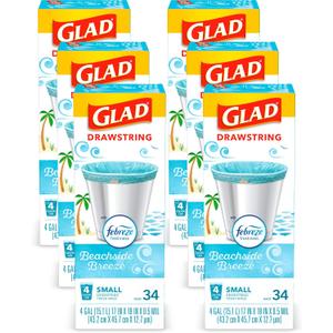 Glad OdorShield Small Drawstring Trash Bags - Febreze Beachside Breeze - 4 Gallon - 34 Count