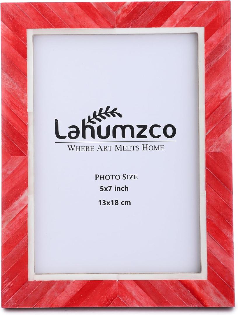 Handmade Picture Photo Frame Chevron Herringbone Art Inspired Vintage Table-Top/Wall Dcor Boho Christmas Frames (5x7 Inches, Red, White)