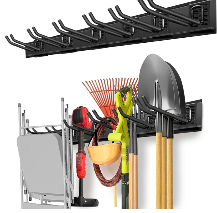 Garage Organization, Garage Wall Organizer with 48 inches Rails and 6 Hooks, Tool Organizers Heavy Duty, Shovel Holder Wall Mount Max Load 360 LBS, Sturdy Garden Tool Rack for Folding Chairs
