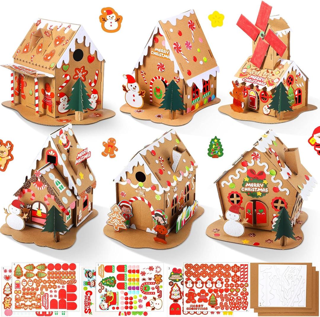 Yunsailing 6 Set Christmas Cardboard Gingerbread House Kit Christmas DIY Crafts Decorations Fun Xmas Holiday Home Party Gifts