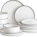 MALACASA Plates and Bowls Sets, 12 Pieces Modern Porcelain Dinnerware Set for 4 White Kitchen Dinner Dining Ware Set wtih Black Rim Ceramic Dishware Dishes Microwave and Dishwasher Safe, Series LUNA