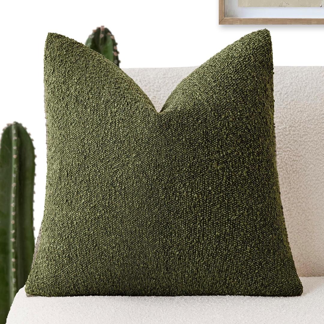 Foindtower Decorative Textured Boucle Throw Pillow Covers Accent Solid Pillow Cases Neutral Soft Cozy Couch Cushion Case for Chair Sofa Bedroom Living Room Home Decor 22x22 Inch,1PC,Moss Green