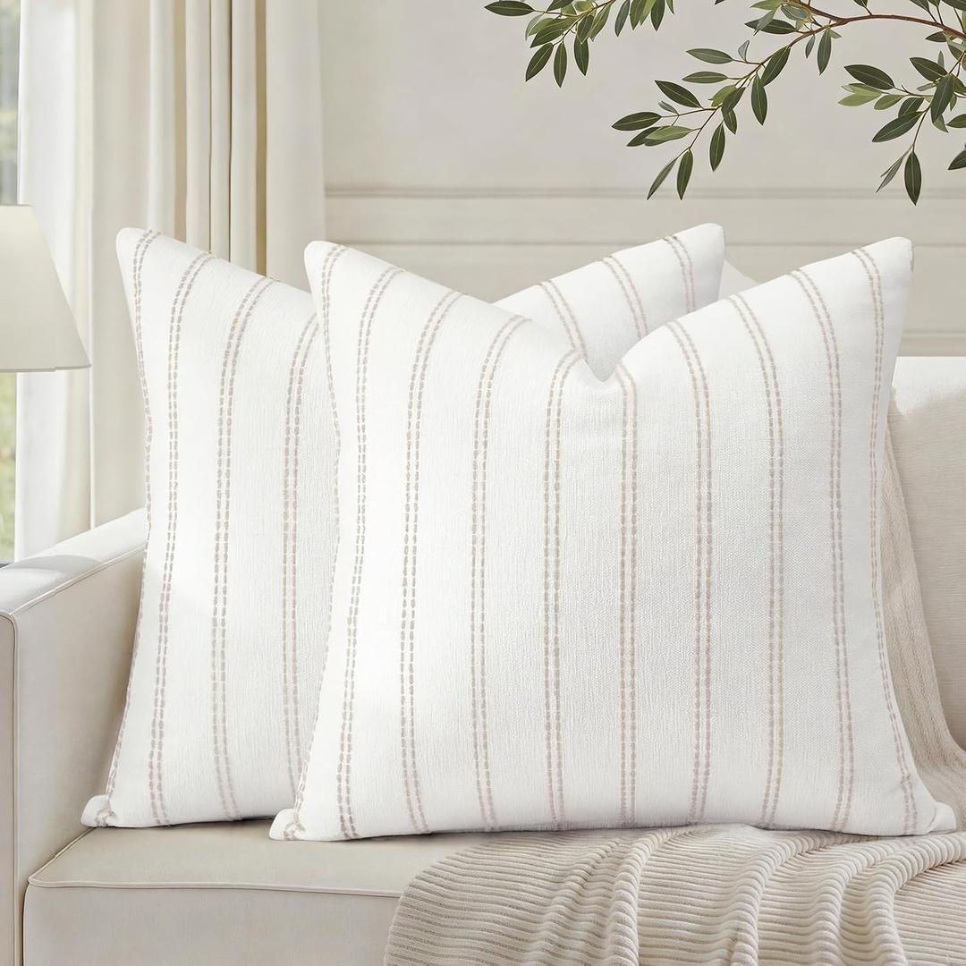 2 x HOMEIDEAS Decorative Cream Throw Pillow Covers 20x20 Set of 2, Striped Textured Farmhouse Pillow Covers, Soft Chenille Cushion Covers for Couch Sofa Bed Home Decor