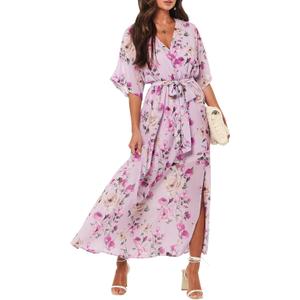 ANRABESS Womens 1/2 Sleeve Beach Wedding Guest Maxi Dresses 2026 Summer Wrap V Neck Boho Floral Flowy Slit Long Dresses (XX-Large)