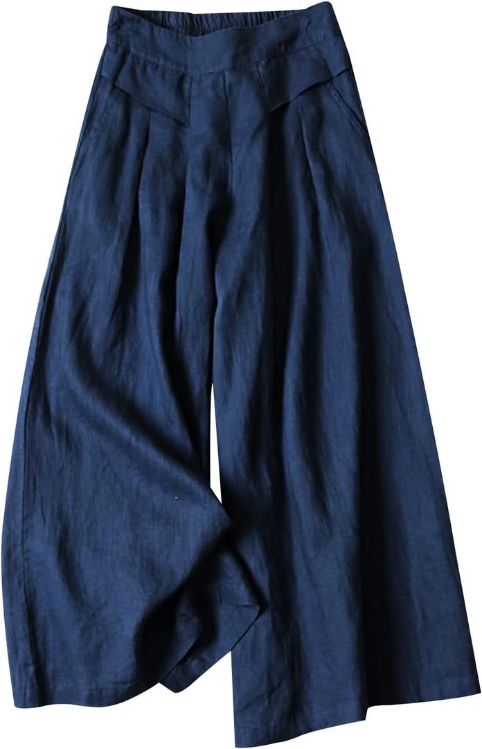 Gihuo Women' s Culottes Linen Blend Wide Leg Pants Elastic Waist Casual Palazzo Trousers with Pockets Capris (Navy)