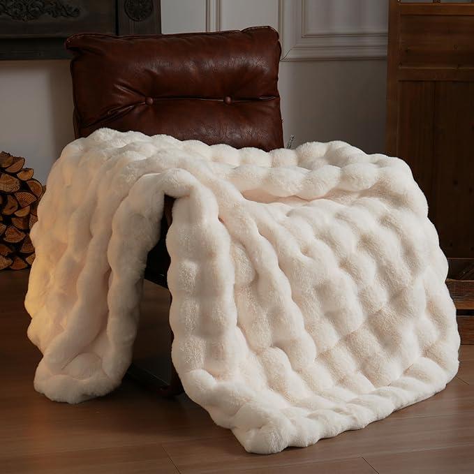 BENVWE Faux Fur Throw Blanket for Couch - Thickened Fluffy Soft Bubble Blanket for Living Room Home Decor - Fathers Day Birthday Gifts for Women Men, White, 50" x 60", 1300GSM