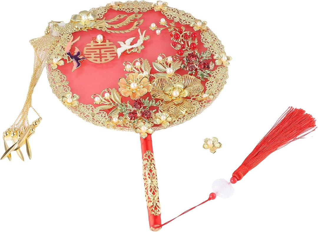 Kopida Chinese Vintage Round Phoenix Shaped Alloy Fan, Gold Flower Hand Holding With Tassel, Wedding Bride Group
