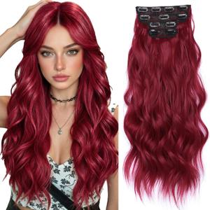 Clip in Hair Extensions 22 Inch Clip in Wavy Synthetic 4Pcs Hairpieces Thick Double Lace Weft Invisible Natural Hair Extensions Clip Ins for Women(Wine Red)